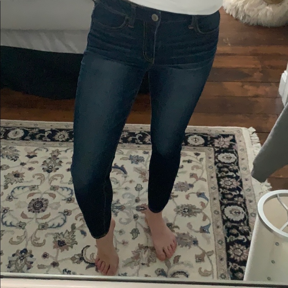 AE dark wash, hi rise super stretch jeans.